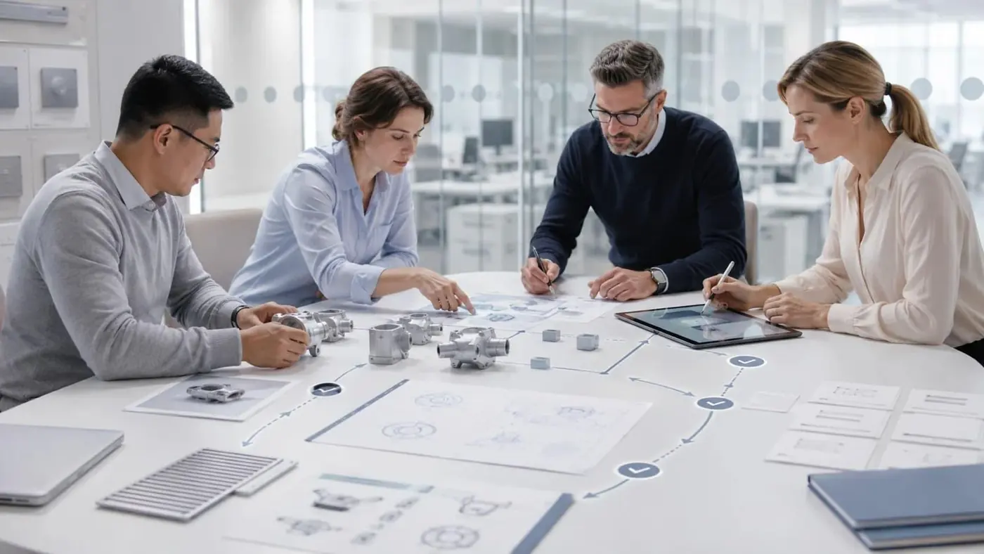 A product development team reviewing samples and technical drawings