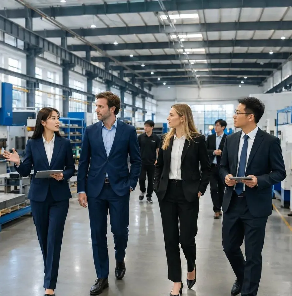 A sourcing team walking a factory floor with the manufacturer, reviewing production