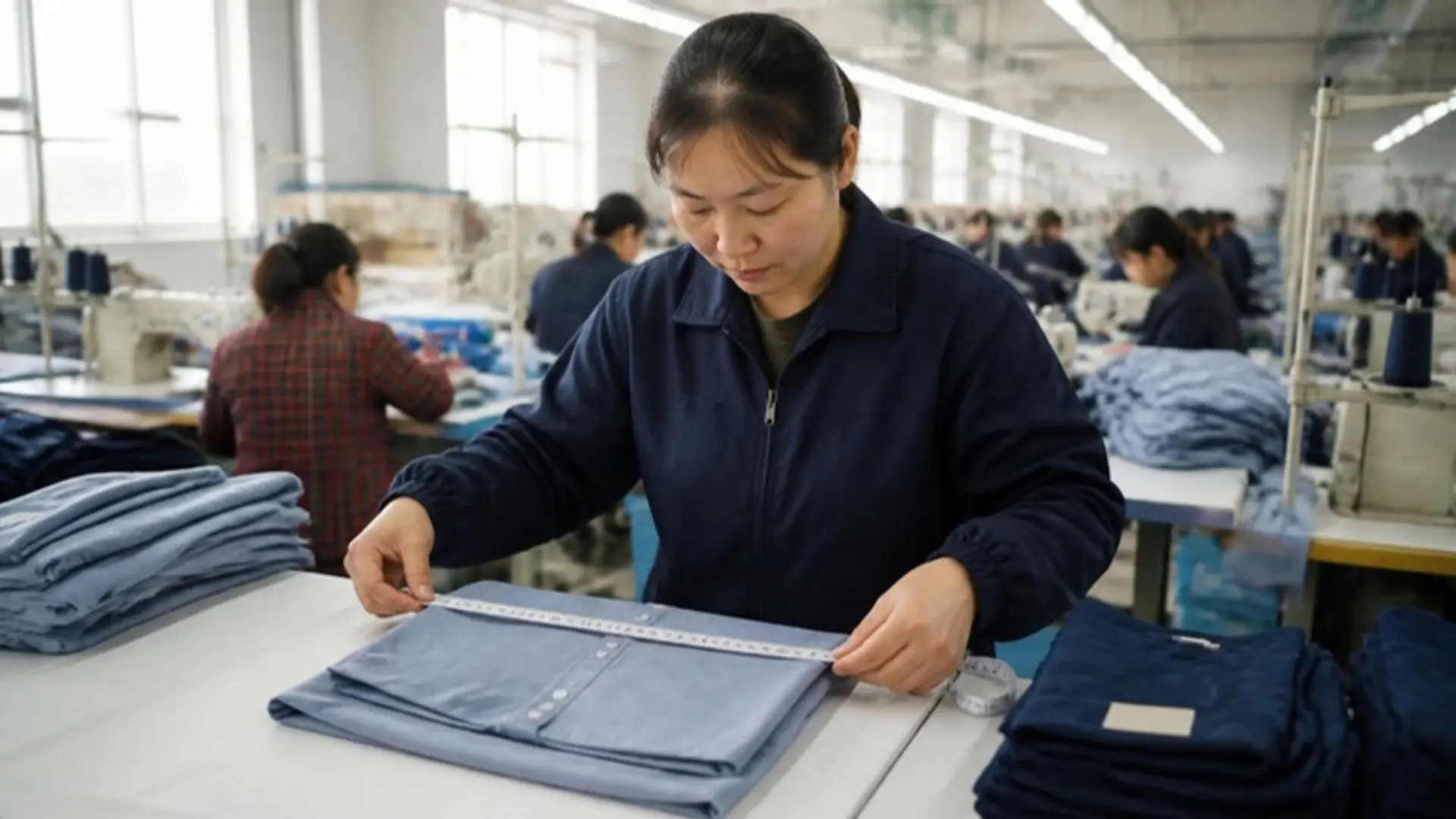 Quality inspector measuring a finished garment on the factory floor