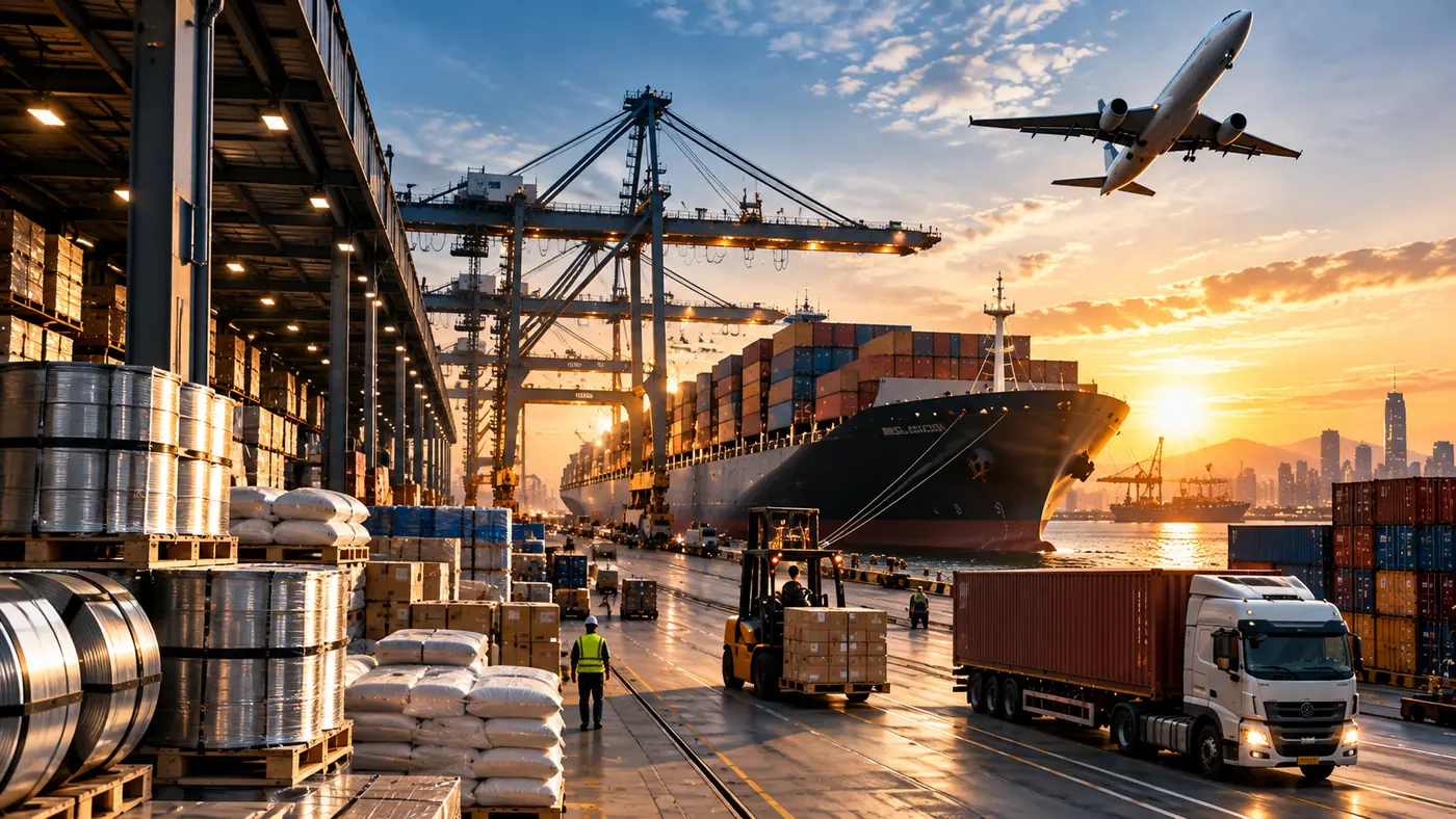 Port with vessel loading and cargo on the quay