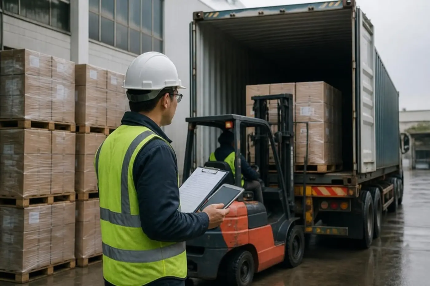 Inspector checking cartons as they are loaded into a shipping container